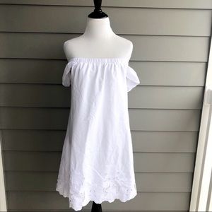 BCBG White Off-the-Shoulder Midi Dress with Eyelet Hem